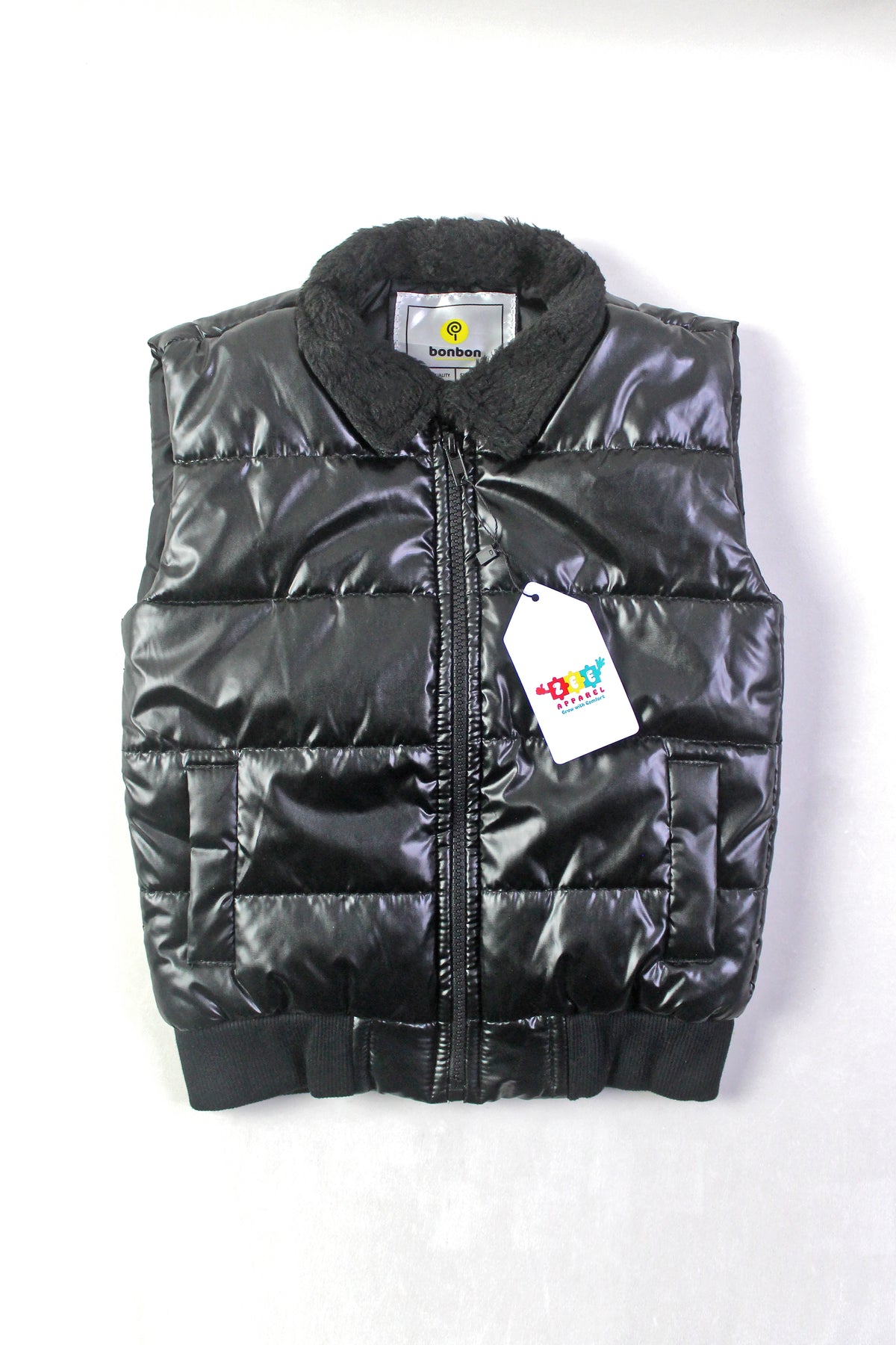 Black Gloss Sleeveless Puffer Jacket.